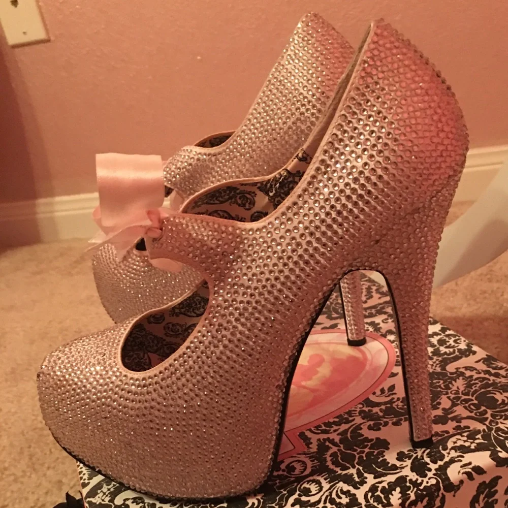 COPY - Bordello BabyPink Platform Rhinestone Ribbon Pumps - Picture 6 of 7